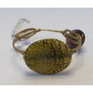 Handmade Gold Tone Wire Wrapped Natural Stone ? Bead Cuff Bracelet Bangle Boho
